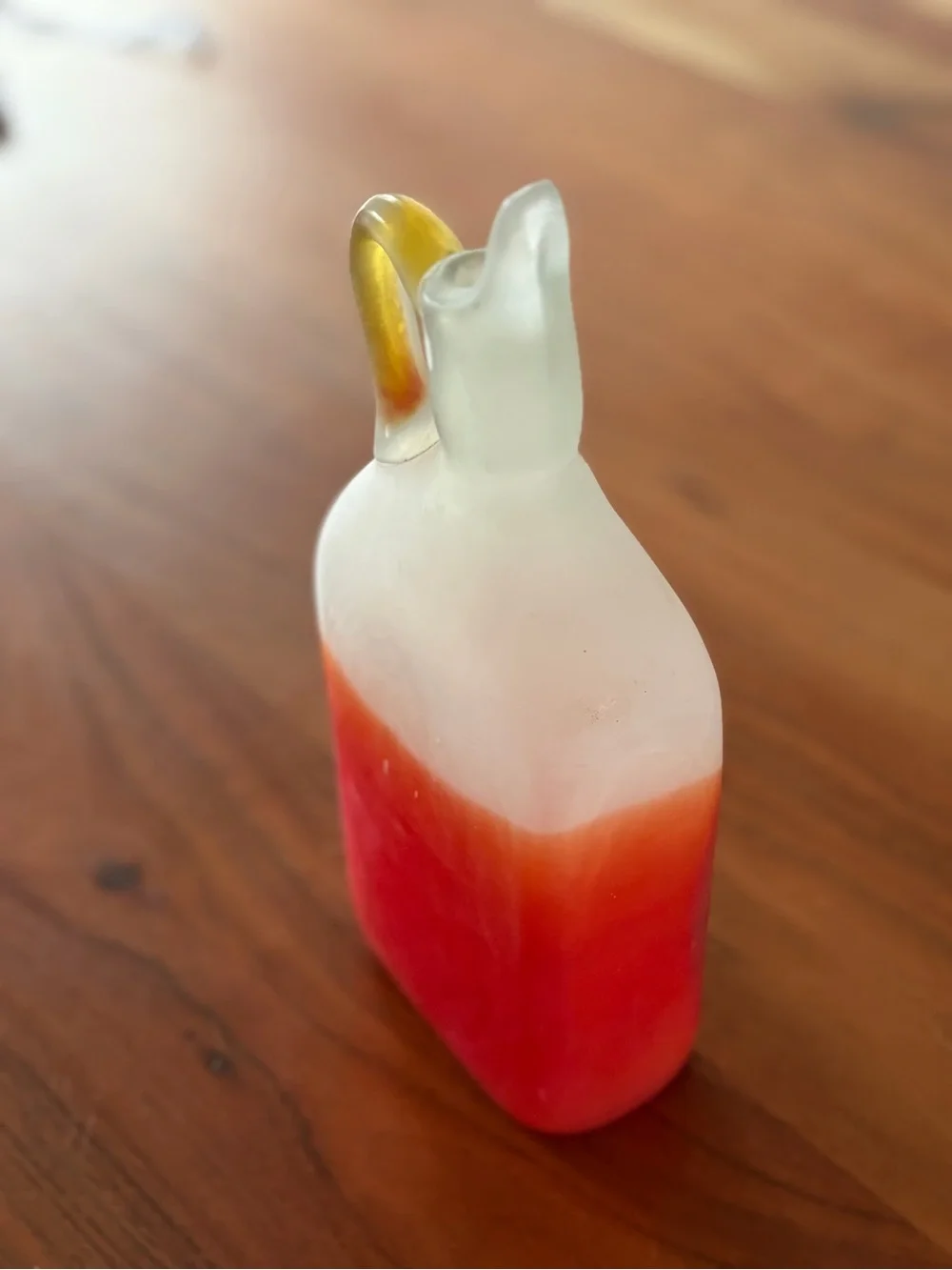Vintage White to Red Ombre Glass Pitcher with Yellow Handle